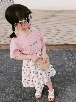 Jargazol Детски дрехи момичета лятна мода писмо печатна риза и цвете пола корейски сладък екипировки малки деца комплекта дрехи