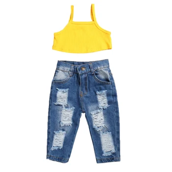 Pudcoco Kids Baby Girls Fashion 2 елемента комплект дрехи без ръкави плътен цвят отгоре и скъсани дънки комплект