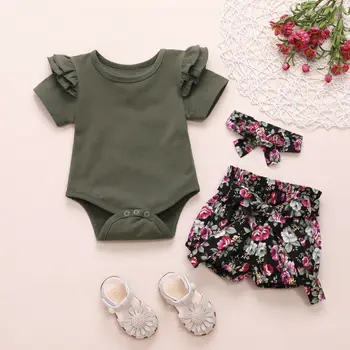 Новороденото дете момиче облекло комплект с къс ръкав в зелено пристрастие гащеризон цвете къси панталони-2 броя памучни дрехи 0-24 МИЛИОНА