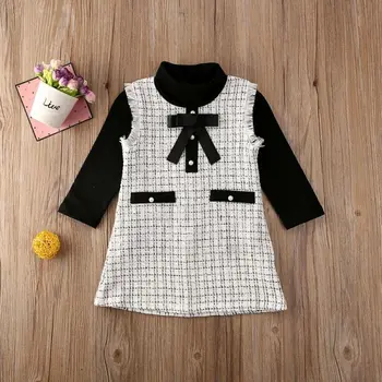 2 елемента малко дете Baby Girls памук черен топ с дълъг ръкав тениска с пуловер клетчатое рокля зимни дрехи екипировки за 1-7Y Kid Baby Girl