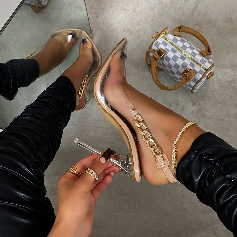 Нови дамски обувки Секси метална верига еластична каишка Дамски сандали прозрачен кристал тънки токчета за дамски модни и ежедневни обувки на сватба